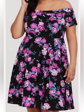 torrid Black Midi Dress with Pink Floral Print